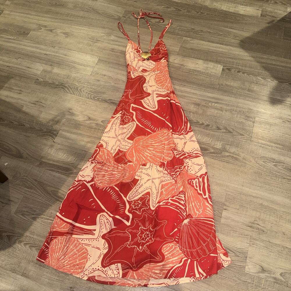 CaCay Women’s P Red Coral Seashell Starfish Maxi Dress Halter Gold Shell NWT